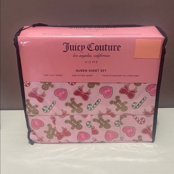 Juicy Couture Pink Holiday Gingerbread Candy Cane JC Logo Bed Sheet Set - Queen - Picture 1 of 5